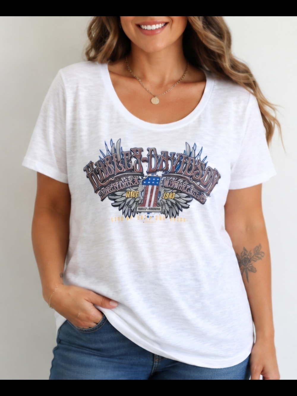 Harley-Davidson White Short Sleeve Tee with Red, Blue and Brown Graphic